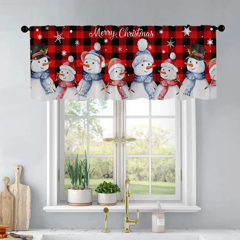 Snowman Pattern Christmas Themed Curtain, 1 Count Plaid Pattern Pocket Window Curtain, Window Drapes for Home Living Room Bedroom Decor 0