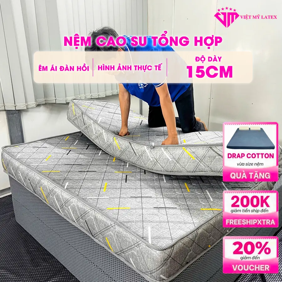 [ TẶNG DRAP ] Nệm dày 15cm nệm cao su tổng hợp Việt Mỹ Latex đủ kích thước giao hàng toàn quốc bảo hành 10 năm chính hãng