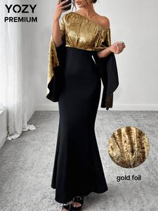 YOZY Women's Glitter Stamping One Shoulder Mermaid Dress, Elegant Long Sleeve Zipper Back Evening Party Gown, Ladies Clothes for All Seasons, Valentine's Day Gift for Girl