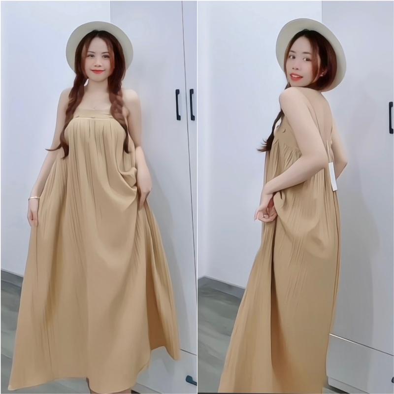 Váy đi biển dáng dài vải đũi gân 2 lớp, có tăng đơ và bo chun - v1 7