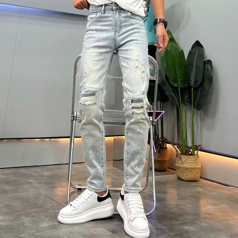 Quần jean dài nam màu xanh rách wash nhạt vẩy sơn chất bò co dãn nhẹ Q92 kiểu dáng skinny Menswear Pants