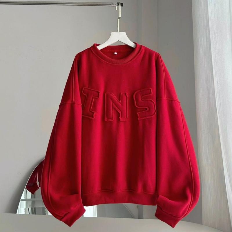 Ao sweater thêu chữ nổi INS nỉ bông , Áo hoodie vải nỉ lót bông dày dặn form rộng unisex 9