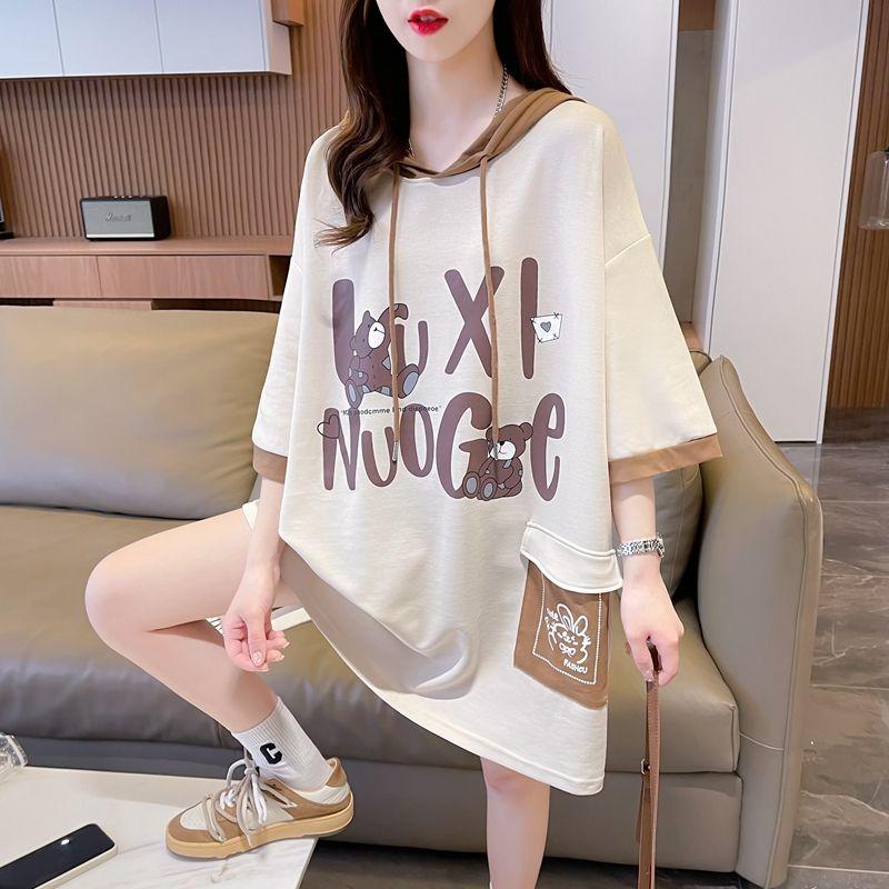 Product Introduction of Áo Thun Ngắn Tay Có Mũ Trùm Đầu, Dành Cho Nữ, Phong Cách Hàn Quốc, Dáng Rộng Vừa Vặn, Dễ Phối Đồ Đi Chơi, Màu Tương Phản, Áo Tay Lửng Ngoại Cỡ Thời Trang, Mùa Hè 2024 Hàng Mới Về Women Top Hoodie Cổ Tròn 12