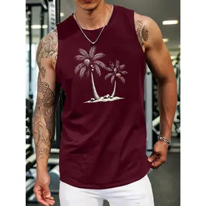 Men's Navy Blue Sleeveless Tank Top with Detailed Palm Tree Beach Print - Casual Summer Style, Machine Washable, Standard Size, Beach Apparel |     Round Neck Vest |     Comfortable Fit