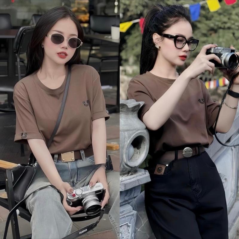 Áo Phông baby tee form rộng + form vừa cotton lạnh 2c- HÌNH MẶT CƯỜI THÊU NHỎ .