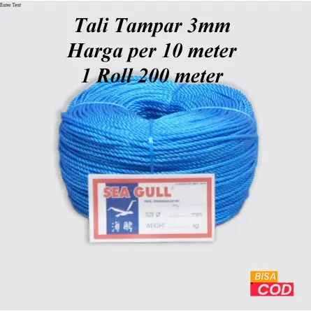 (10 Meter) SEA GULL Tali Tampar 3mm Kualitas Super Plastik Biru Random Warna 1 Roll 200 Meter