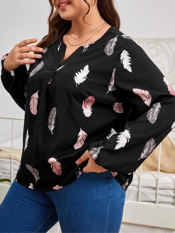 【Plus Size】Feather Print Notched Neck Blouse, Casual Long Sleeve Top for Spring & Fall, Women's Clothes for Daily Wear 2