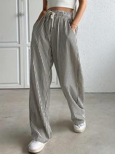 Pantalones de pierna ancha con estampado de rayas y cintura con cordón para mujer, pantalones informales con bolsillos para verano, pantalones de mujer para el día a día