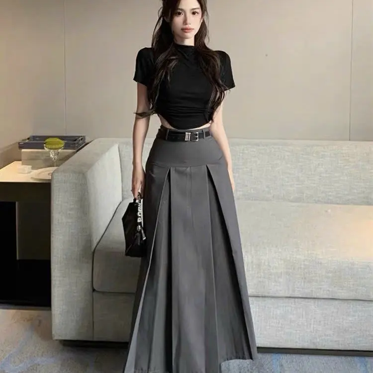 Chân váy dáng dài xếp ly 2 màu đen -ghi lên dáng cực xinh