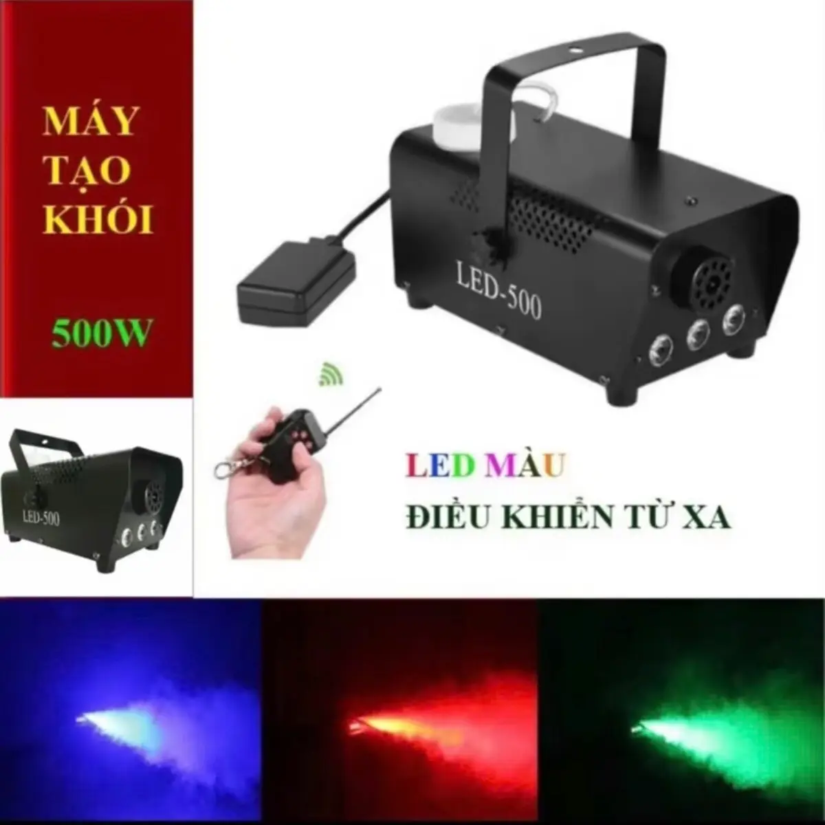 Máy tạo khói,máy phun khói sân khấu.Có đèn led nhiều màu hiệu ứng  đẹp mắt .Sử dụng cho sân khấu,sự kiện cưới hỏi , tiệc ,phòng bay (karaoke )Tặng kèm chai tinh dầu khói 500ml