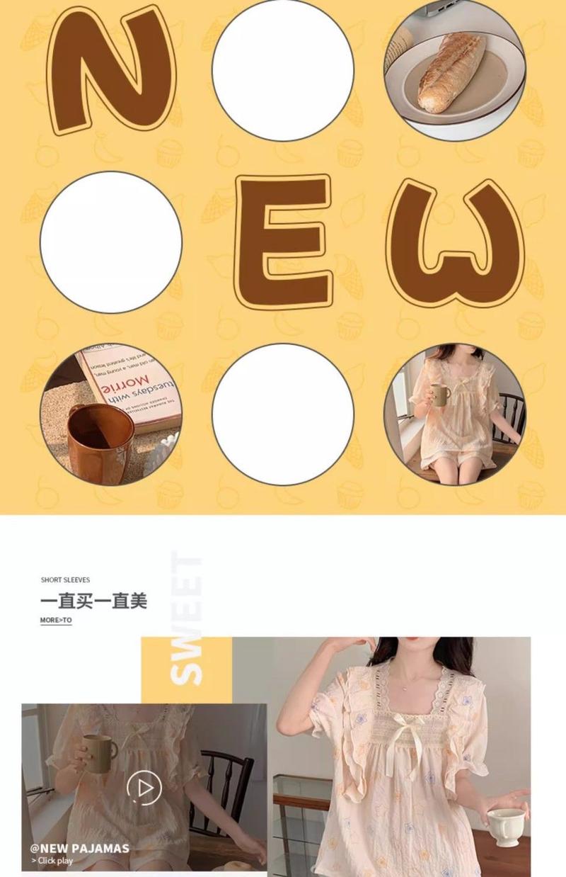 Product Introduction of Bộ đồ ngủ bằng vải bông mùa hè của phụ nữ Dễ thương Patrick Ngôi sao ngắn tay ren trang trí bong bóng Nếp nhăn Mục vụ Loungewear hai mảnh Áo 11