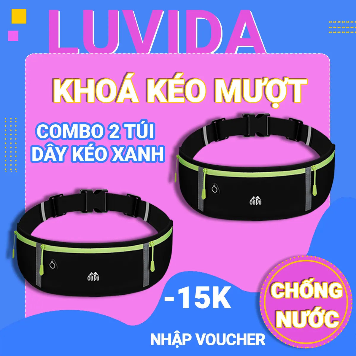 Combo 2 Túi Thể Thao chạy bộ Oudu (dây kéo xanh) dùng cho cả nam và nữ đựng điện thoại 7,2 inch có Jack cắm tai nghe, phản quang và chống thấm nước