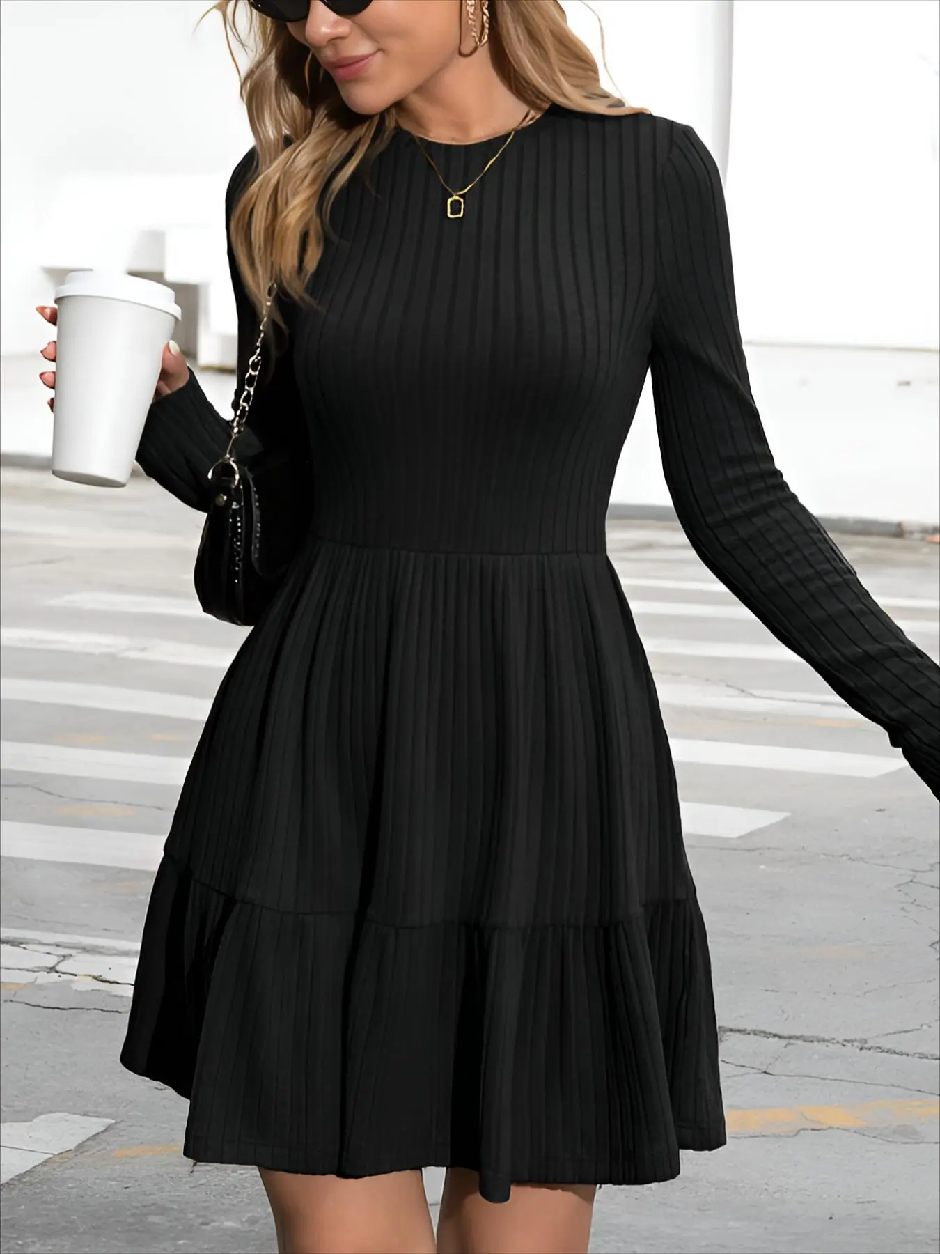 Women's Plain Ruffle Hem Long Sleeve A Line Dress, Elegant Round Neck Short Dress for Spring & Fall, Women's Clothing for Daily Wear