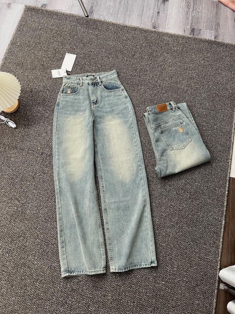 Product Introduction of Quần jeans nữ Ống suông Vải Qc phối thêu thỏ màu xanh nhạt basic (S-2XL) Q1339 dài 105cm Women 3