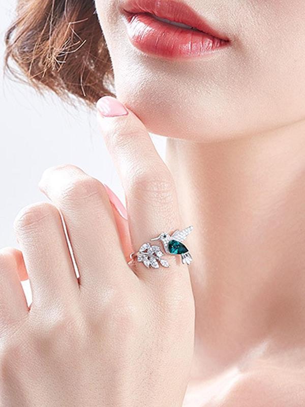 Women's Elegant Rhinestone Decorated Bird Design Cuff Ring, Minimalist Temperament Leaf & Bird Themed Design Cuff Ring, Exquisite Trendy Ring, Fashionable Jewelry for Women As Gift 3