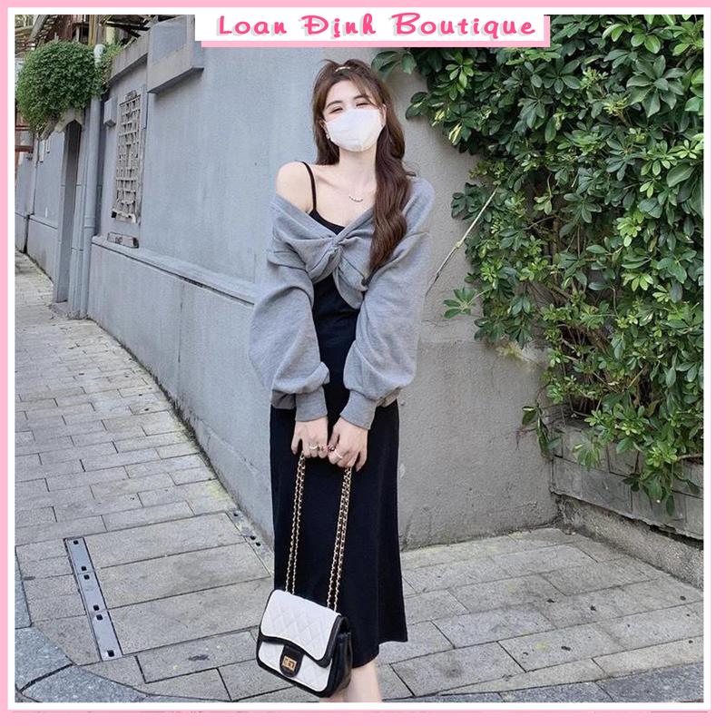 Set Váy Áo 2 Món Len Soắn Ngực Dài Tay Kết Hợp Váy 2 Dây Ôm Body Dáng Dài  Loan Định Boutique LD158 Nữ Women