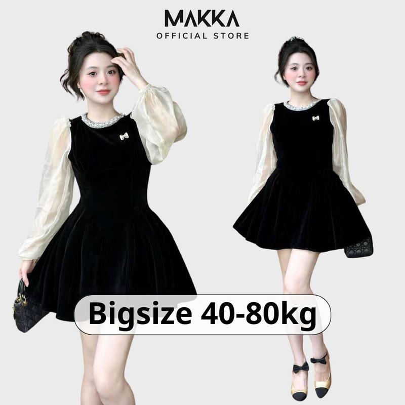 Váy nhung nữ MAKKA váy thiết kế dáng dài phối tay tơ cổ đính đá ngọc gắn nơ ngực siêu xinh 5010