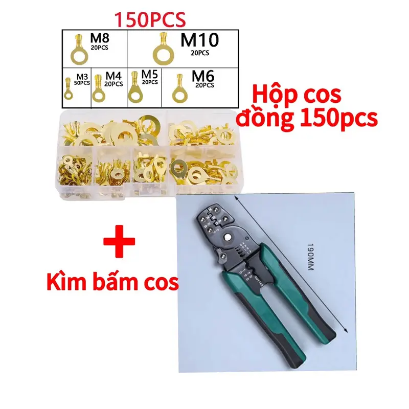 Hộp cos nhiều cỡ, thiết bị đầu cuối, kèm kìm xanh bấm cos, tuốt dây điện (100% đồng chất lượng cao) 5