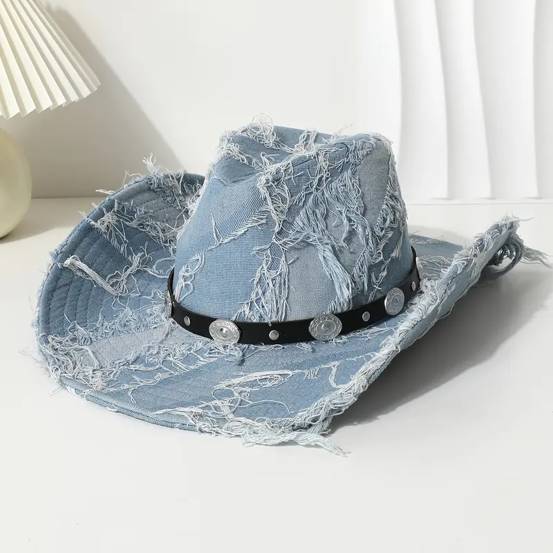 Retro Blue Western Cowboy Hat Women, Wide Brim Straw Rider Hat, Casual Outdoor BBQ Camping Photo Party Fashion 1