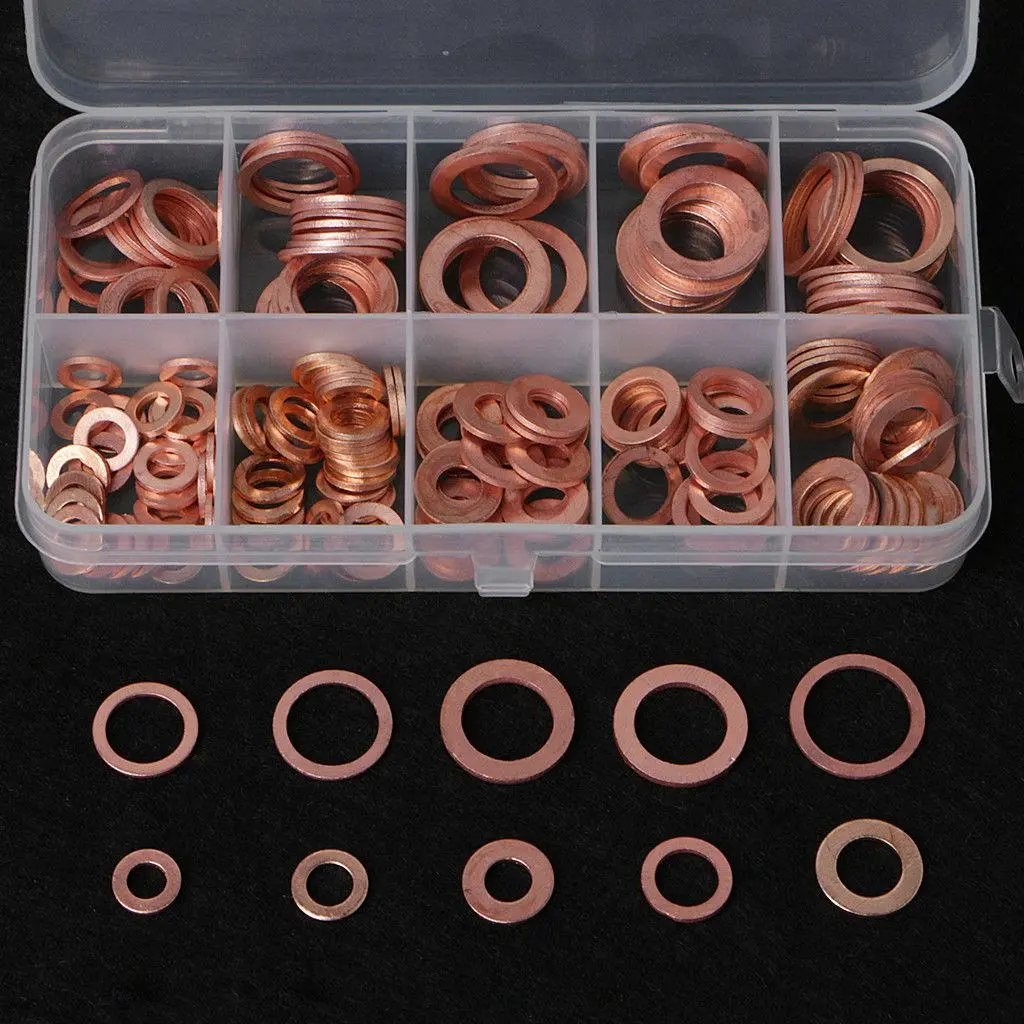 Copper Washer Set, Flat Washer Assortment Kit, M5/M6/M8/M10/M12/M14 Sealing Washers Assortment Set with Storage Box, Car Body Repair Tools