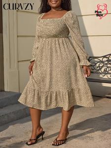 CURVZY Plus Size Milkmaid Dress, Leopard Print Flounce Sleeve Ruffle Hem A Line Dress, Plus Casual Shirred Square Neck Long Sleeve Dress for Spring & Fall, Women's Clothes for Daily Wear