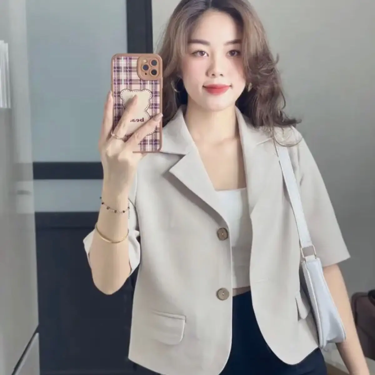 Áo blazer cộc tay nữ dáng ngắn lót habutai mềm mát