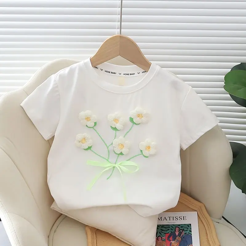 Girls' Short Sleeve T-Shirt Summer New Style Baby Girl Pure Cotton 3D Flower T-Shirt Children's Fashion Summer Top