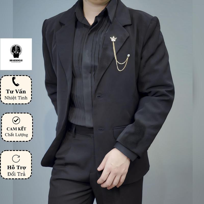 Áo Khoác Vest Blazer Nam 2 khuy Chất Flannel Hàn Cao Cấp 2 Lớp Dày Dặn Menswear Đen, Kem - Tặng Kèm Khuy Jacket