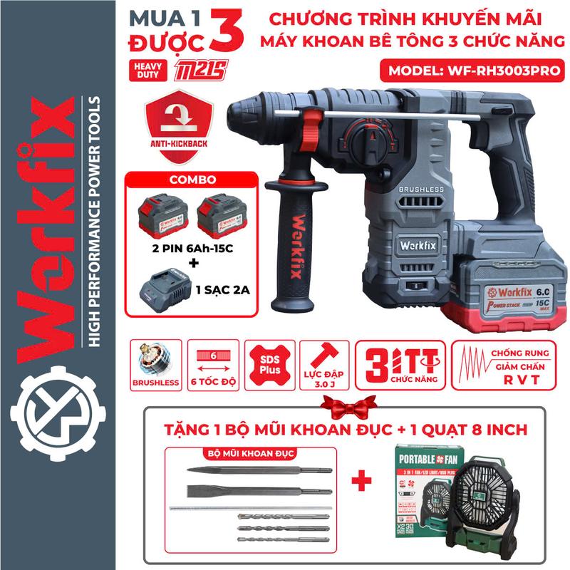 ( Workfix ) Bộ máy khoan Bê tông pin 3003 Plus hàng chuyên đục - Động cơ Brusslesh - có Anti Kickback- Có Chống rung- 2 pin 15 Cel 6A- xả 15 C cao cấp- có chỉnh 6 tốc độ máy  khoan duc rut