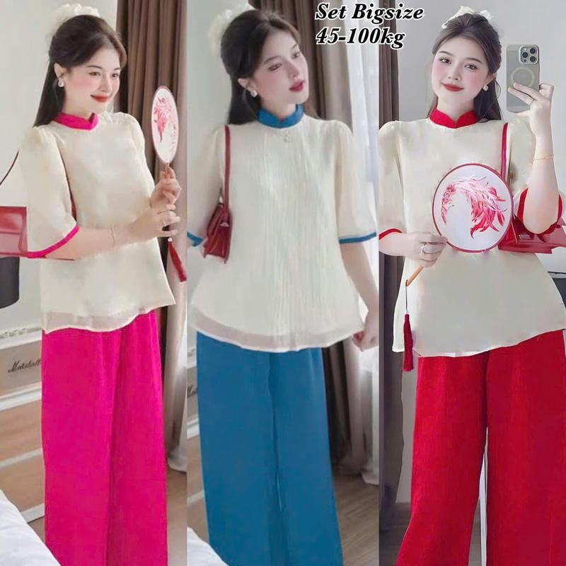 Set Bộ Đồ Bà Ba Bigsize Nữ Mặc Nhà, Đi Lễ Chùa Áo Hoa Cổ Tàu 2 Lớp Nút Ngọc Trai Kèm Quần Dài Vải Lụa Cao Cấp Thanh Lịch Sang Trọng 50-95kg Áo Top Đồ Lam Pháp Phục Bigsize Women Tay Loe Nhung Ống Loe Dài Tay Đen Voi Ong dobo nguoi - 2365
