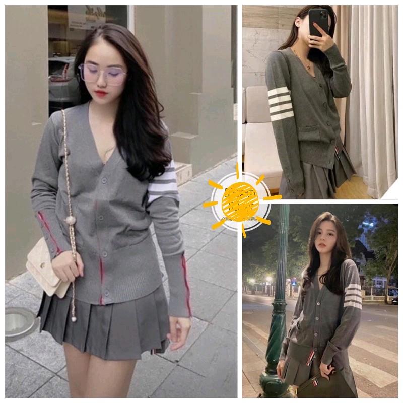 Áo Khoác Cardigan Xám Sọc Viền Đỏ Xanh Cúc Cài Form Nữ len tăm