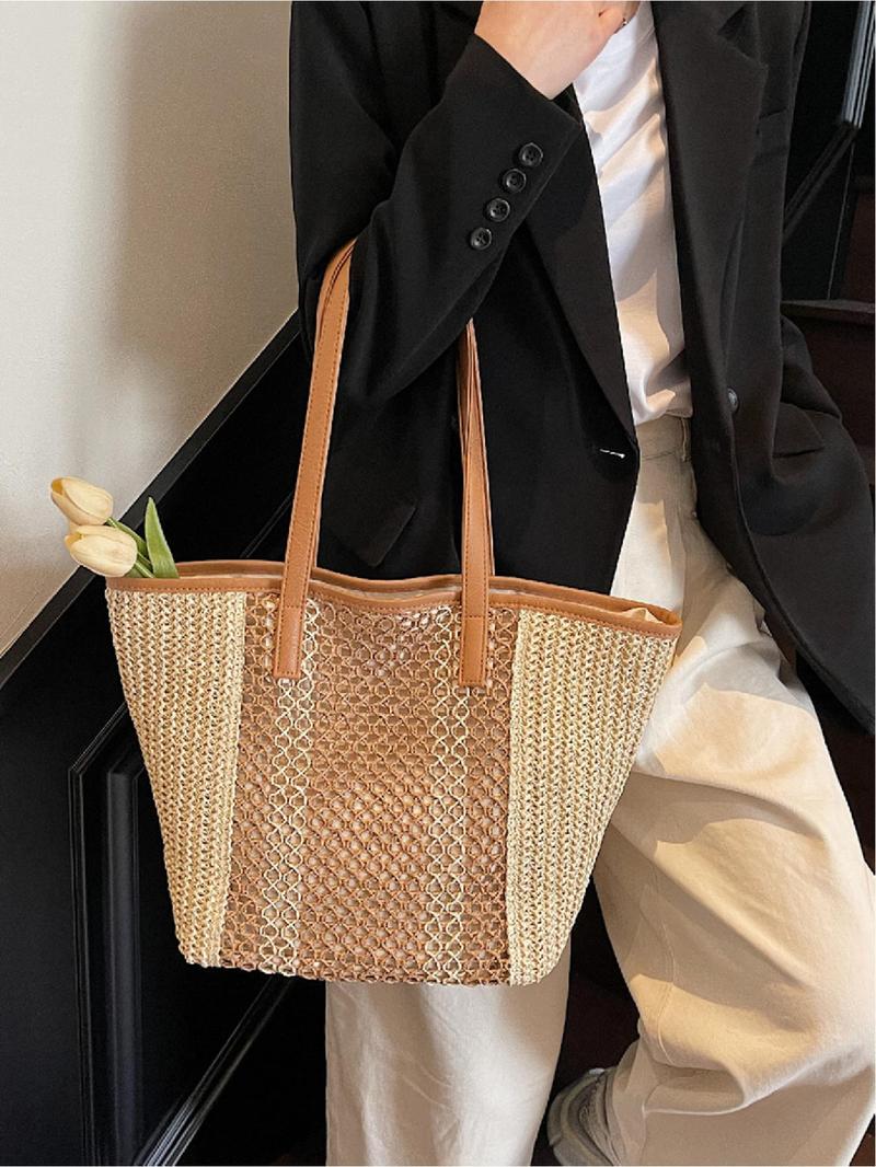 Product Introduction of Women's Fashionable Colorblock Straw Bag, Large Capacity Shoulder Bag for Women & Girls, Casual Trendy Versatile High-quality Daily Commuting Bag, Girl Fashionable Shopping Bag 1