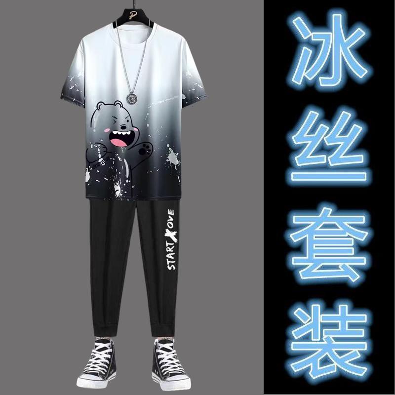Product Introduction of 2PCS Men Suit Fashion All-Match Sports Running Fitness Top Pants Thin Casual Sports Suit Ice Silk Short Sleeve New Gradient T-shirt Cropped Pants Casual Pants 17