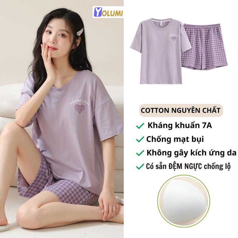 Bộ Đồ Ngủ Nữ Mùa Hè Có Đệm Mút Ngực Quần Đùi Áo Cộc Cotton Kháng Khuẩn Cao Cấp YOLUMI