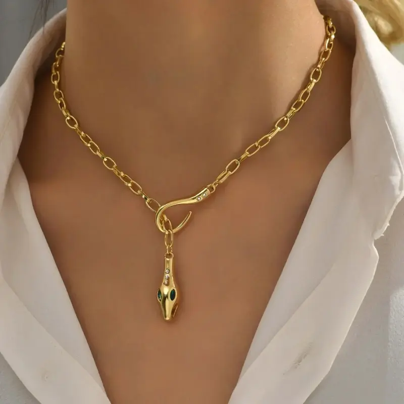 Zirconia Snake Design Pendant Necklace Stainless Steel Gold color Plated Paperclip Chain Jewelry Paper Clip Chain Zircon Snake Pendant
