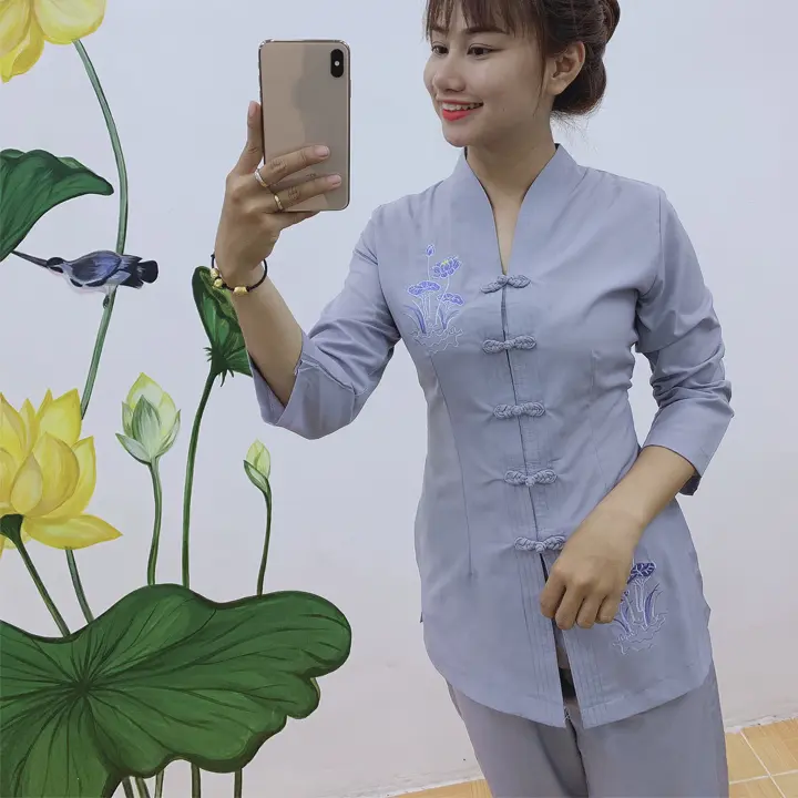 Quần Áo nữ Phật Tử, Đồ Lam Đi Chùa Nữ mẫu BÀ LAI TIM mã HPA14 Women Top