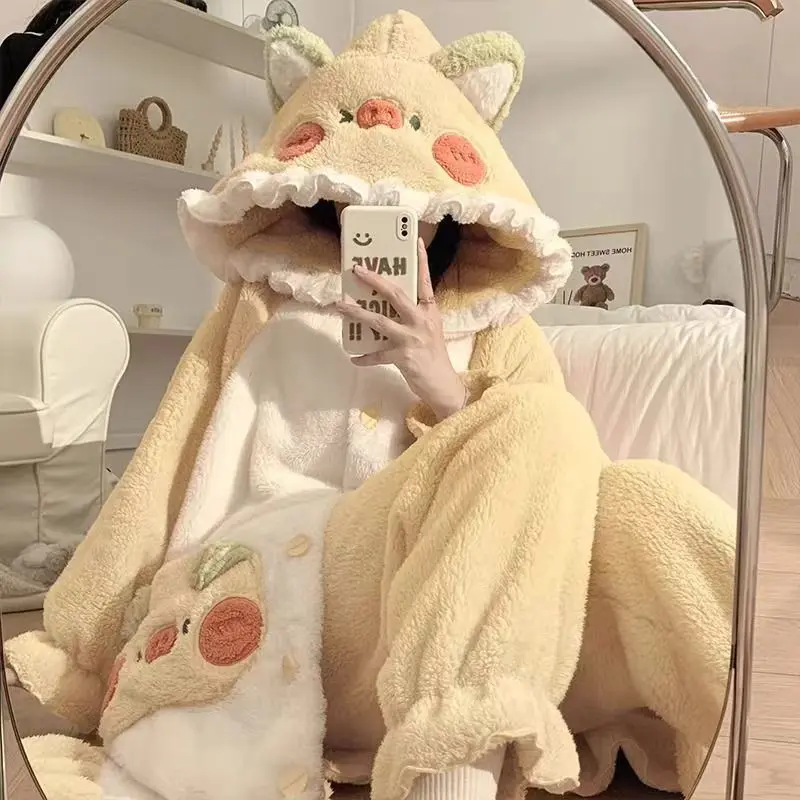 Đồ Ngủ Nữ, Váy Ngủ Mùa Thu Và Mùa Đông, Dày Dặn Và Ấm Áp, Làm Bằng Lông Cừu San Hô, Áo Choàng Tắm, Phong Cách Hàn Quốc, Dài Trung Bình Thích Hợp Mặc Nhà, Có Thể Mặc Ngoài Trời Women Dress Khuy