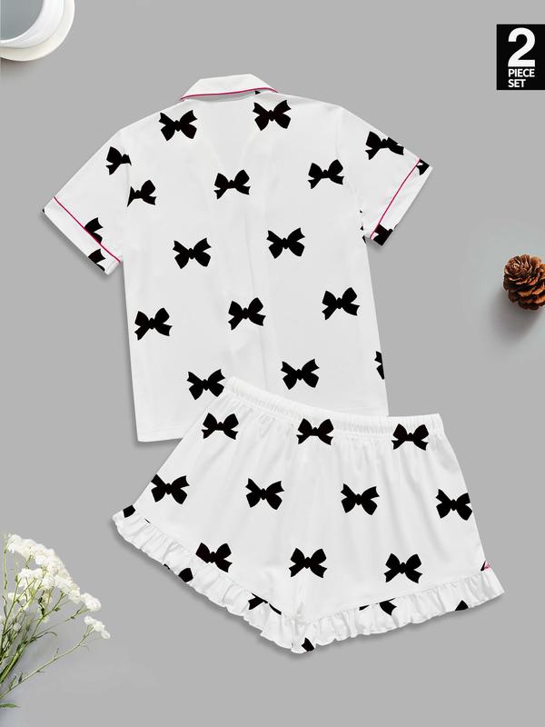 Women's Bow Print Lapel Shirt & Shorts Pyjama Set, Casual Comfy Short Sleeve Pocket Top & Shorts Set, Ladies Sleepwear for All Seasons 7