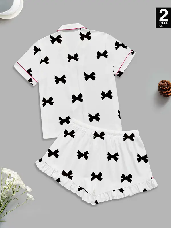 Women's Bow Print Lapel Shirt & Shorts Pyjama Set, Casual Comfy Short Sleeve Pocket Top & Shorts Set, Ladies Sleepwear for All Seasons 7