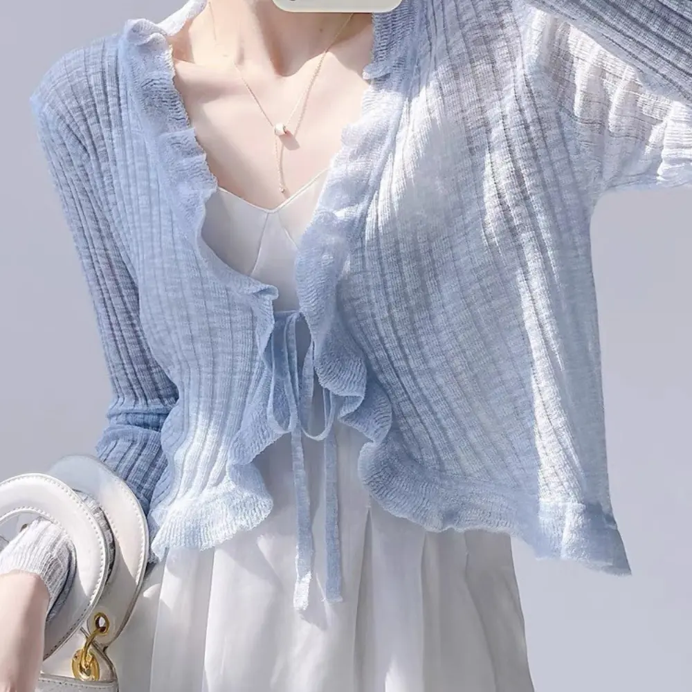 Áo khoác len mỏng , áo khoác cardigan tay dài dáng crotop viền bèo cột nơ tiêu thư chất len mềm mịn nhiều màu