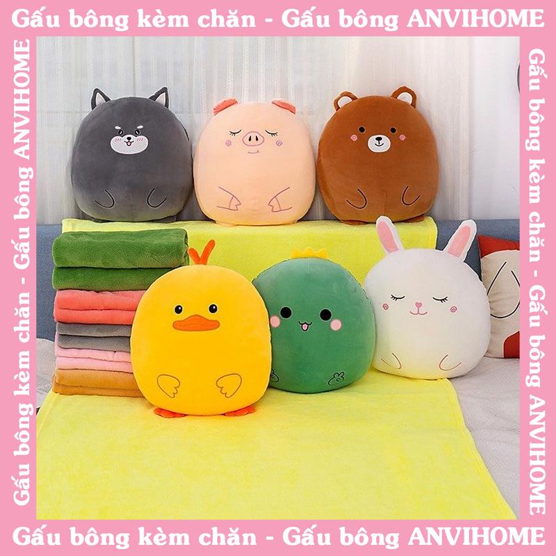 Bộ chăn mền gối ngủ văn phòng 3 trong 1 hình thú béo ANVIHOME đáng yêu, gấu bông cute