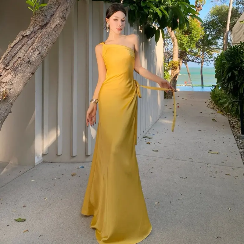 Đầm vàng thời thượng satin dự tiệc | 1373 4