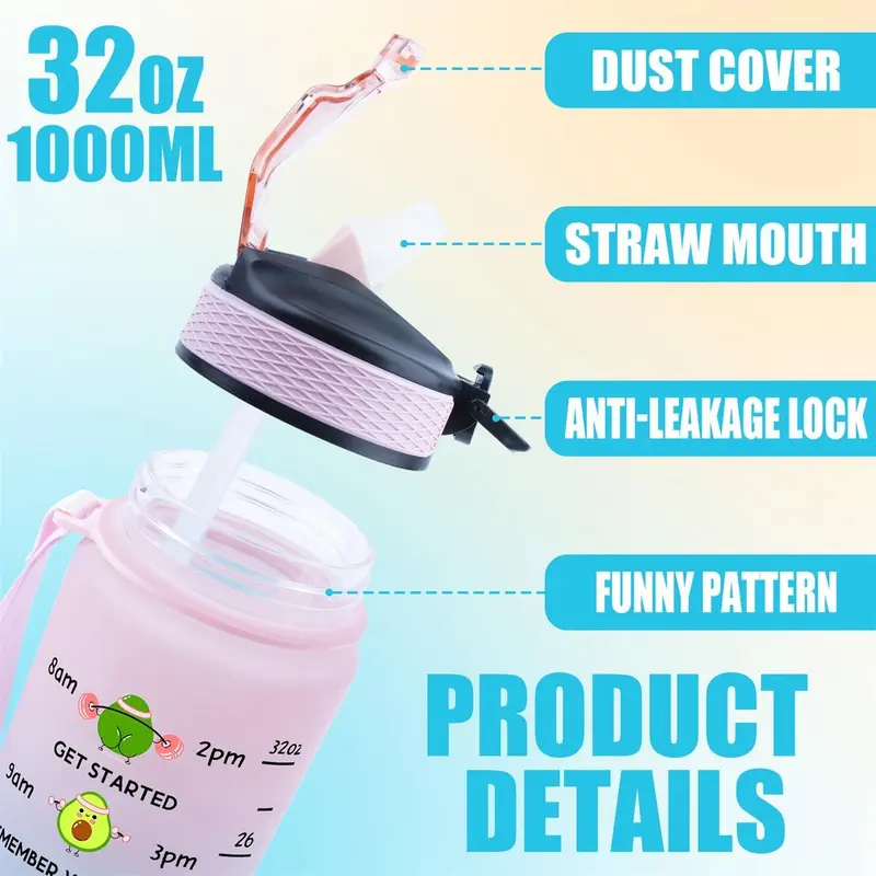 32oz Water Bottle, 1 Count Cartoon Squat Pattern Sports Drinking Bottle with Time Marker, Leakproof Fitness Water Bottle for Home Office Gym Workout, Drinkware 2