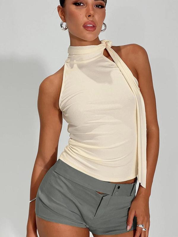 Women's Solid Knot Design Mock Neck Tank Top, Casual Sleeveless Top for Summer, Women's Clothing for Daily Wear 0
