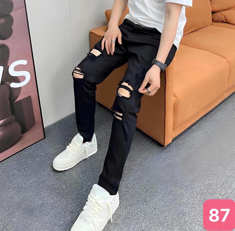 Quần jean dài cho nam màu đen kiểu rách nhiều dáng skinny chất liệu bò co dãn nhẹ Q710 mới Menswear Pants Có Túi