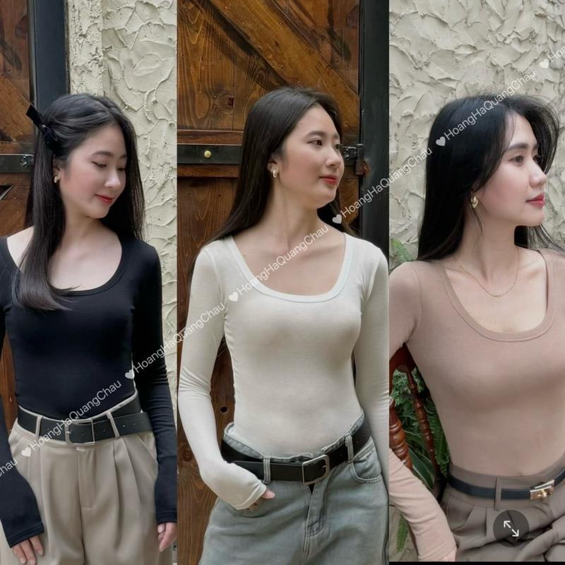 Áo thun giấy lông thỏ dài tay cổ vuông QC form ôm co giãn Nữ Nhung Voi Đen
