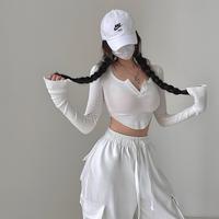 Gambar 【Premium】Women's Rib V Neck with Button Long Sleeve Crop Top T-Shirt 2814 (S/M/L) - Black, S dari 99koutlet Kab. Tangerang 3 Tokopedia