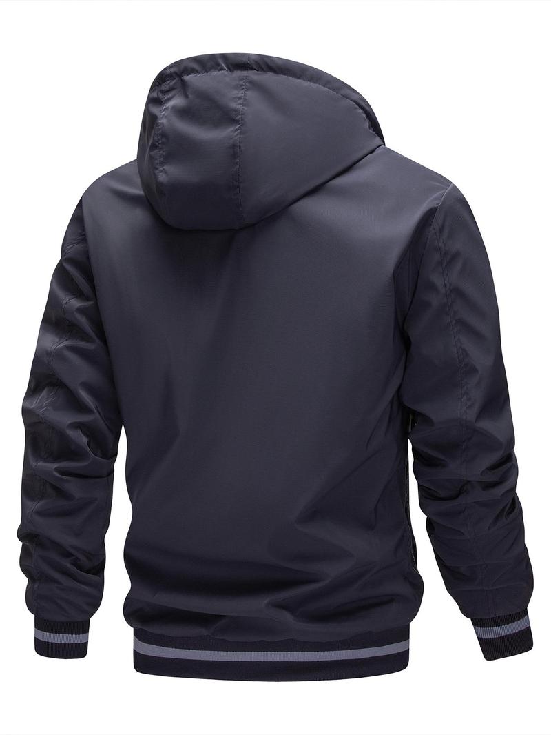 Product Introduction of Men's Solid Color Reversible Pocket Zipper Removable Hooded Jacket, Loose Casual Waterproof Windproof Drawstring Long Sleeve Outerwear for Fall & Winter, Men's Clothes for Daily Wear 8