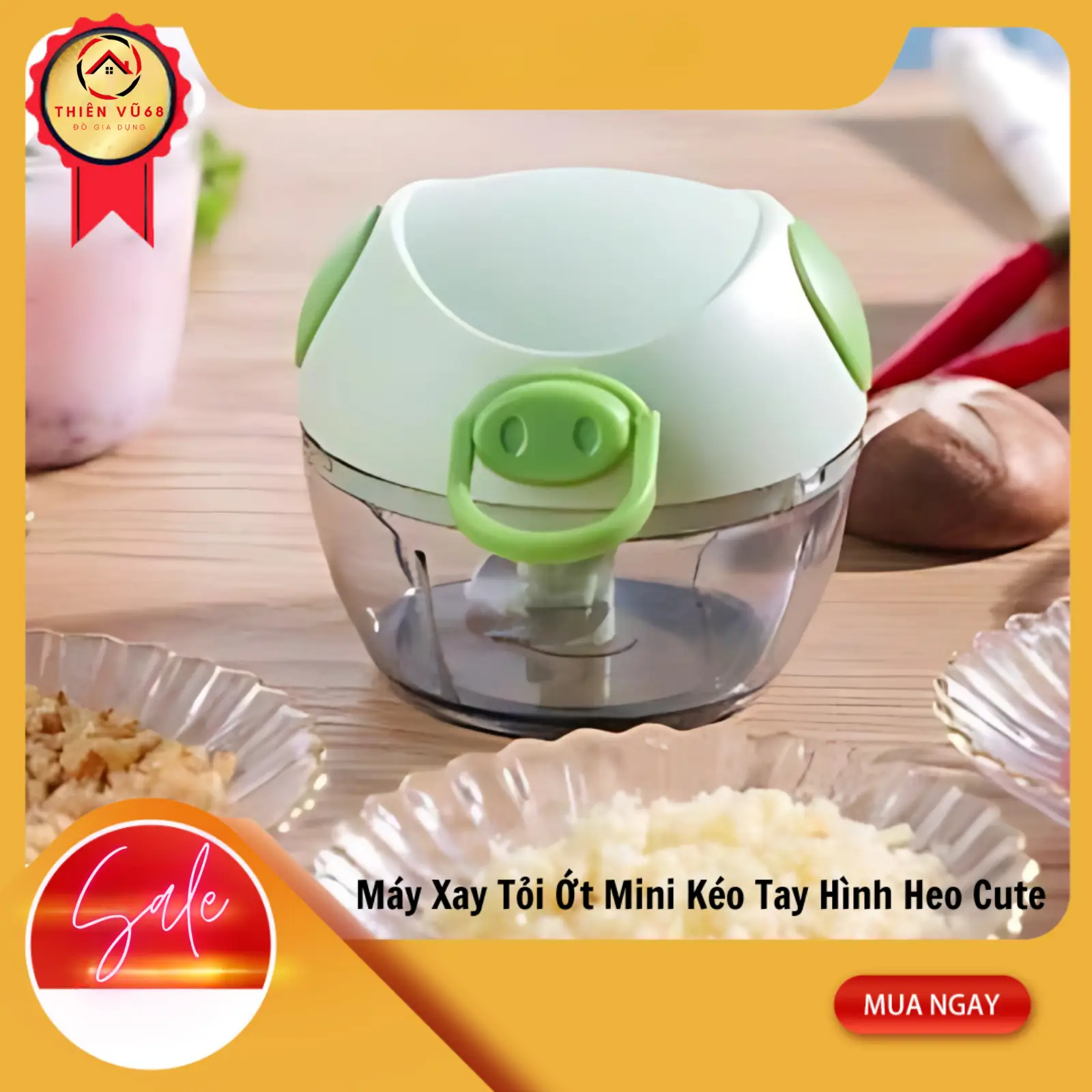 Máy Xay Tỏi Ớt Mini Kéo Tay Hình Heo Cute – Dung Tích 170ml, Tiện Dụng, Đa Năng