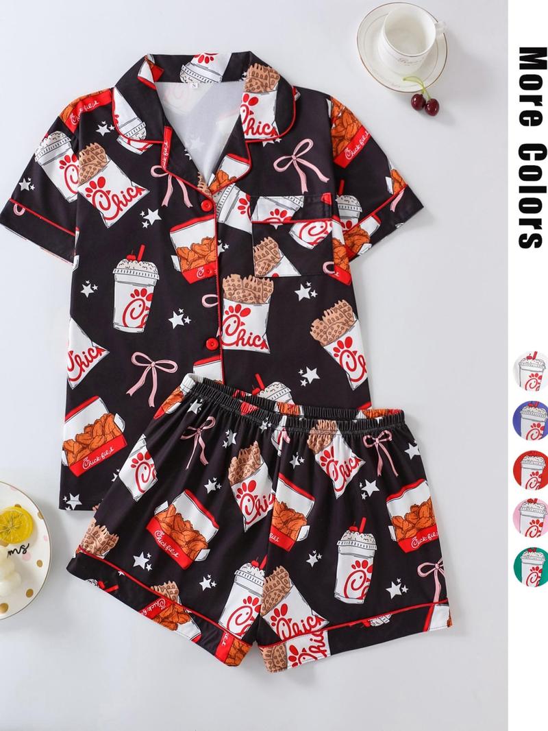 Product Introduction of Women's Fried Chicken Print Shirt & Shorts Pyjama Two-piece Set, Casual Comfy Short Sleeve Collared Top & Shorts Pj Set, Ladies Sleepwear for All Seasons, Pyjamas for Women 5
